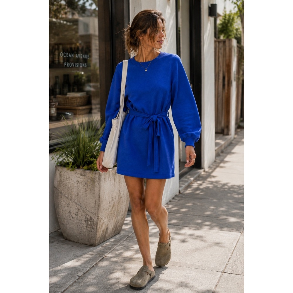NWT‎ Xirena Emma Azure Bleu Fleece Belted Sweatshirt Mini Dress M
